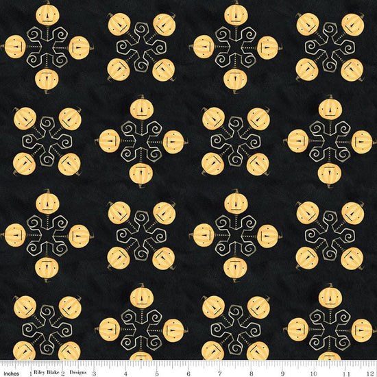 Image of Spooky Jacks Black quilting cotton fabric by Teresa Kogut for Riley Blake Designs. Features pumpkins on a black background. Cute Little Fabric Shop.