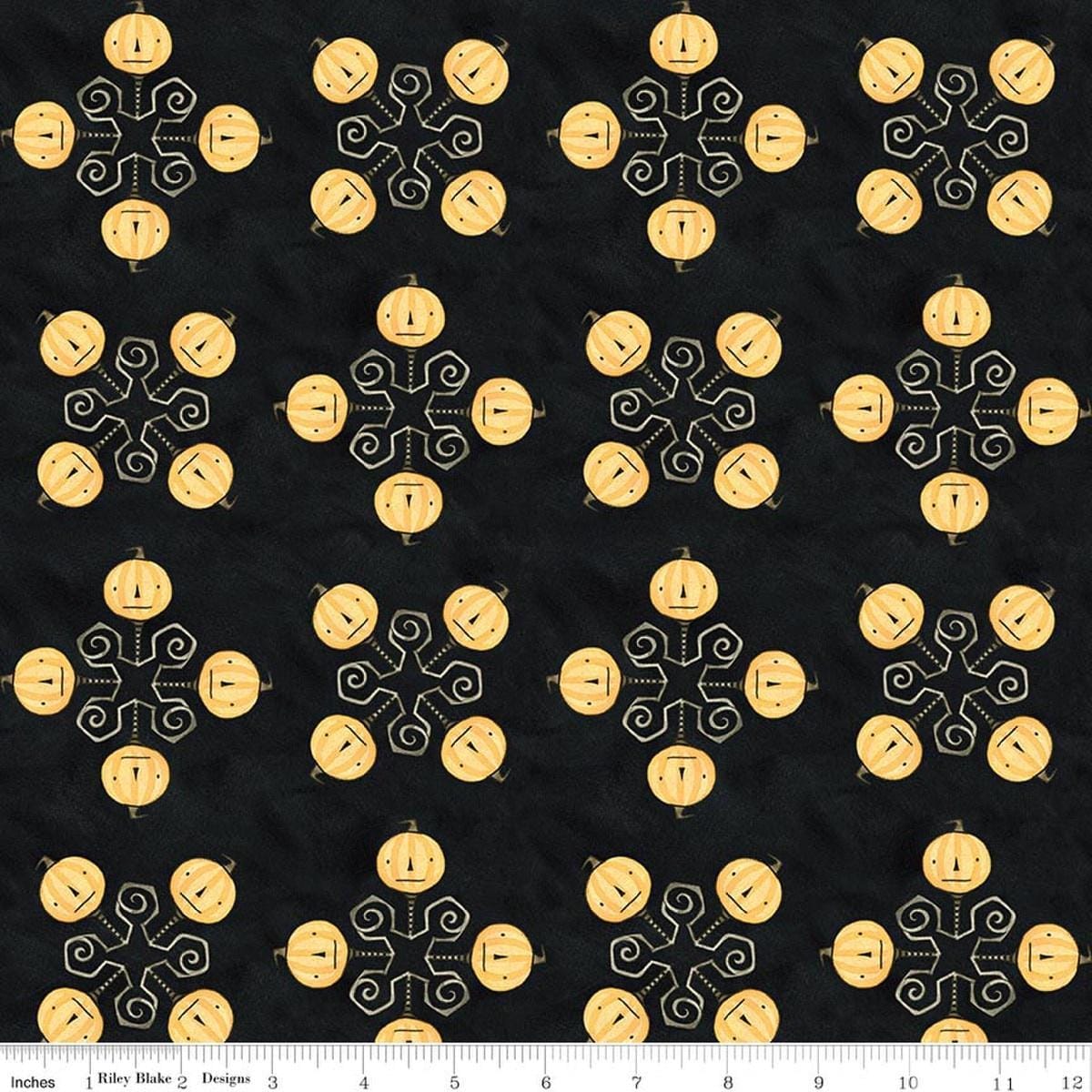 Image of Spooky Jacks Black quilting cotton fabric by Teresa Kogut for Riley Blake Designs. Features pumpkins on a black background. Cute Little Fabric Shop.