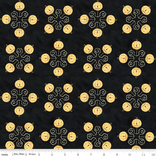 Image of Spooky Jacks Black quilting cotton fabric by Teresa Kogut for Riley Blake Designs. Features pumpkins on a black background. Cute Little Fabric Shop.