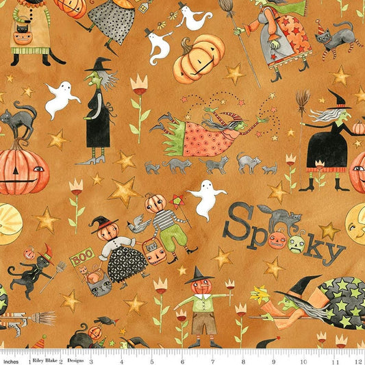 Image of Spooky Main Gourd quilting cotton fabric by Teresa Kogut for Riley Blake Designs. Features halloween characters on an orange background. Cute Little Fabric Shop.