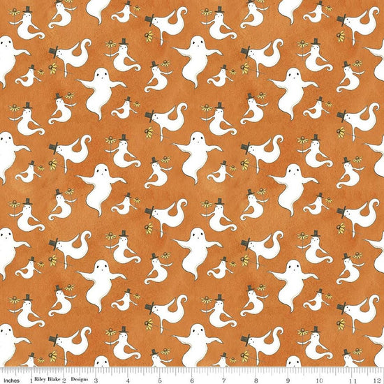 Image of Spooky Ghosts Orange quilting cotton fabric by Teresa Kogut for Riley Blake Designs. Features ghosts on an orange background. Cute Little Fabric Shop.