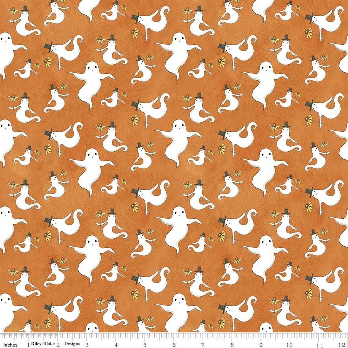 Image of Spooky Ghosts Orange quilting cotton fabric by Teresa Kogut for Riley Blake Designs. Features ghosts on an orange background. Cute Little Fabric Shop.
