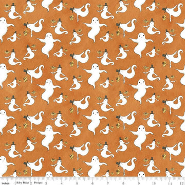 Image of Spooky Ghosts Orange quilting cotton fabric by Teresa Kogut for Riley Blake Designs. Features ghosts on an orange background. Cute Little Fabric Shop.
