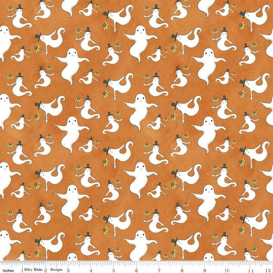 Image of Spooky Ghosts Orange quilting cotton fabric by Teresa Kogut for Riley Blake Designs. Features ghosts on an orange background. Cute Little Fabric Shop.