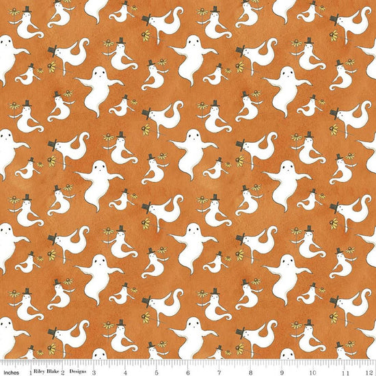 Image of Spooky Ghosts Orange quilting cotton fabric by Teresa Kogut for Riley Blake Designs. Features ghosts on an orange background. Cute Little Fabric Shop.