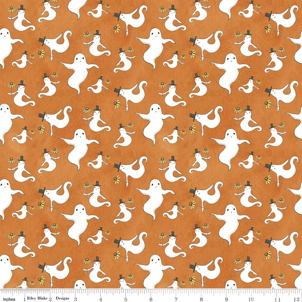 Image of Spooky Ghosts Orange quilting cotton fabric by Teresa Kogut for Riley Blake Designs. Features ghosts on an orange background. Cute Little Fabric Shop.