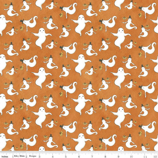 Image of Spooky Ghosts Orange quilting cotton fabric by Teresa Kogut for Riley Blake Designs. Features ghosts on an orange background. Cute Little Fabric Shop.