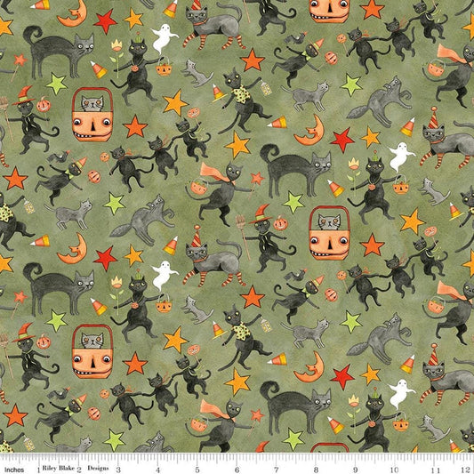 Image of Spooky Cats Green quilting cotton fabric by Teresa Kogut for Riley Blake Designs. Features cats on a green background. Cute Little Fabric Shop.