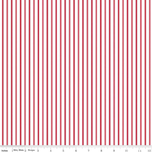 Image of Seasonal Basics Ticking Stripe Red quilting cotton fabric by Christopher Thompson for Riley Blake Designs. Features stripes on a red background. Cute Little Fabric Shop.