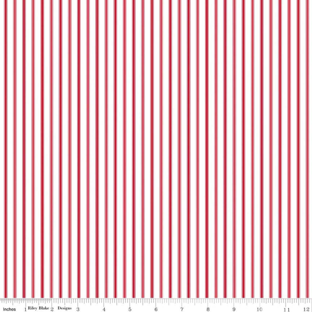 Image of Seasonal Basics Ticking Stripe Red quilting cotton fabric by Christopher Thompson for Riley Blake Designs. Features stripes on a red background. Cute Little Fabric Shop.