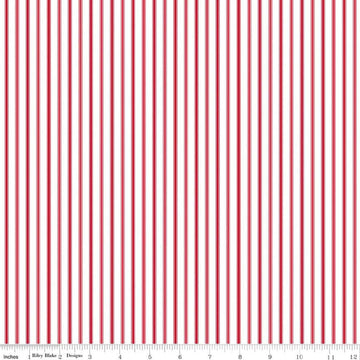 Image of Seasonal Basics Ticking Stripe Red quilting cotton fabric by Christopher Thompson for Riley Blake Designs. Features stripes on a red background. Cute Little Fabric Shop.