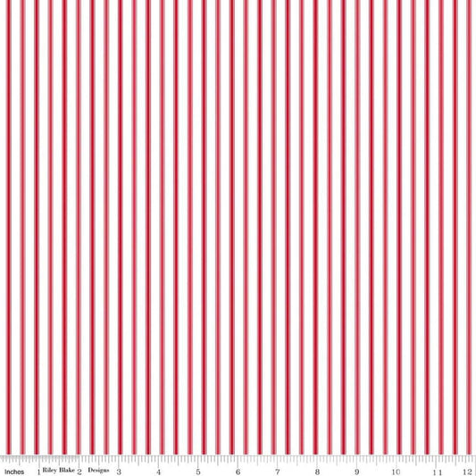 Image of Seasonal Basics Ticking Stripe Red quilting cotton fabric by Christopher Thompson for Riley Blake Designs. Features stripes on a red background. Cute Little Fabric Shop.