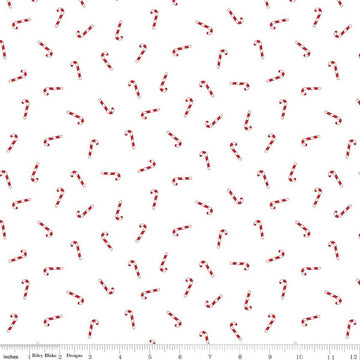 Image of Seasonal Basics Candy Canes White quilting cotton fabric by Christopher Thompson for Riley Blake Designs. Features candy canes on a white background. Cute Little Fabric Shop.
