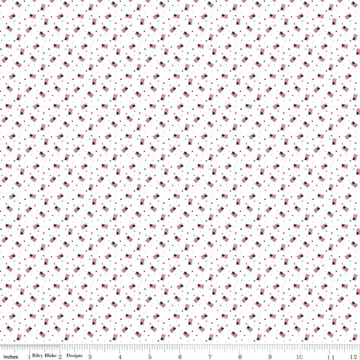 Image of Seasonal Basics Grand Ol' Flag White quilting cotton fabric by Christopher Thompson for Riley Blake Designs. Features American flags on a white background. Cute Little Fabric Shop.