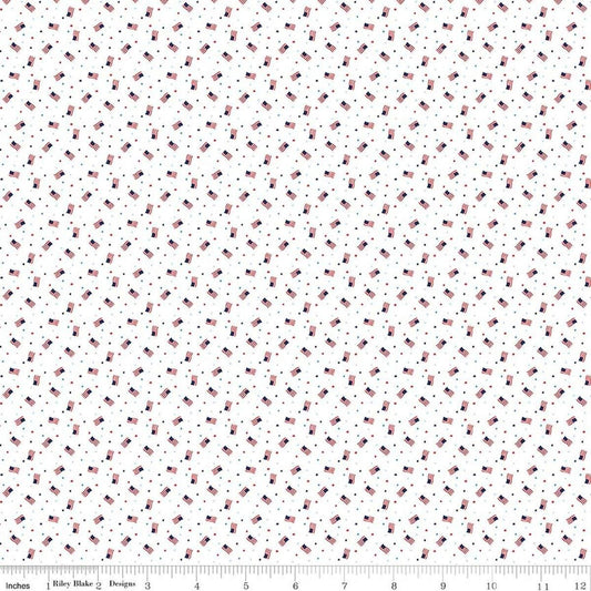 Image of Seasonal Basics Grand Ol' Flag White quilting cotton fabric by Christopher Thompson for Riley Blake Designs. Features American flags on a white background. Cute Little Fabric Shop.