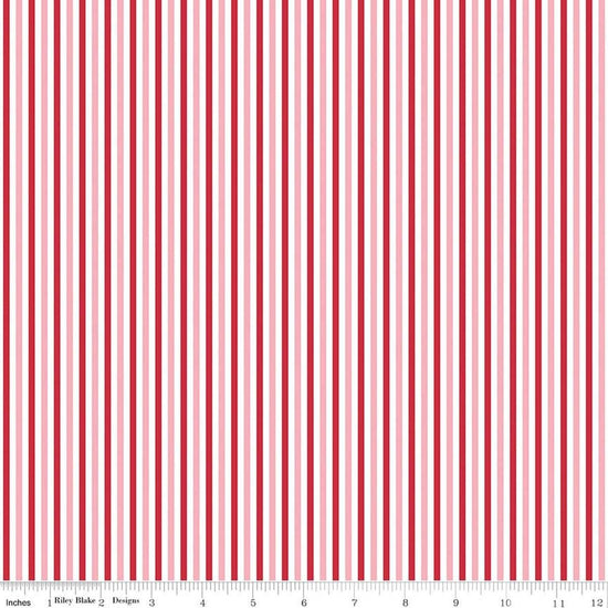 Image of Seasonal Basics Stripe Valentine quilting cotton fabric by The RBD Designers for Riley Blake Designs. Features stripes on a red background. Cute Little Fabric Shop.