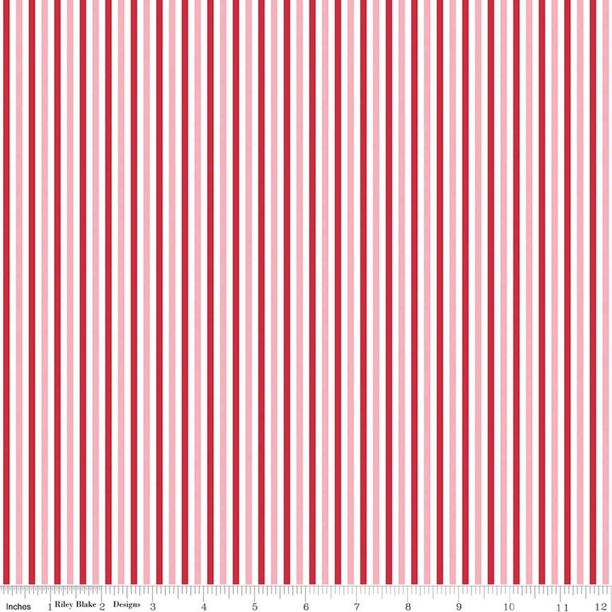 Image of Seasonal Basics Stripe Valentine quilting cotton fabric by The RBD Designers for Riley Blake Designs. Features stripes on a red background. Cute Little Fabric Shop.