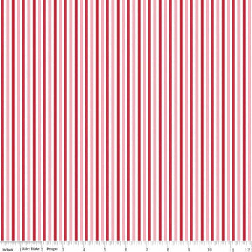 Image of Seasonal Basics Stripe Valentine quilting cotton fabric by The RBD Designers for Riley Blake Designs. Features stripes on a red background. Cute Little Fabric Shop.
