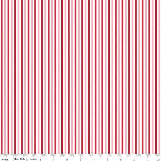 Image of Seasonal Basics Stripe Valentine quilting cotton fabric by The RBD Designers for Riley Blake Designs. Features stripes on a red background. Cute Little Fabric Shop.
