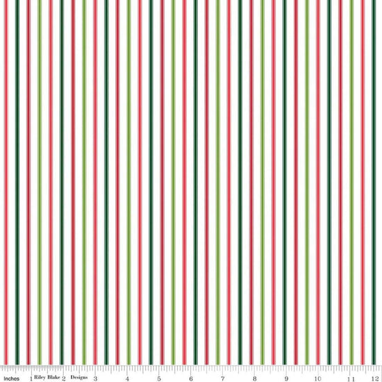 Image of Seasonal Basics Ticking Stripe Christmas quilting cotton fabric by Christopher Thompson for Riley Blake Designs. Features stripes on a red background. Cute Little Fabric Shop.