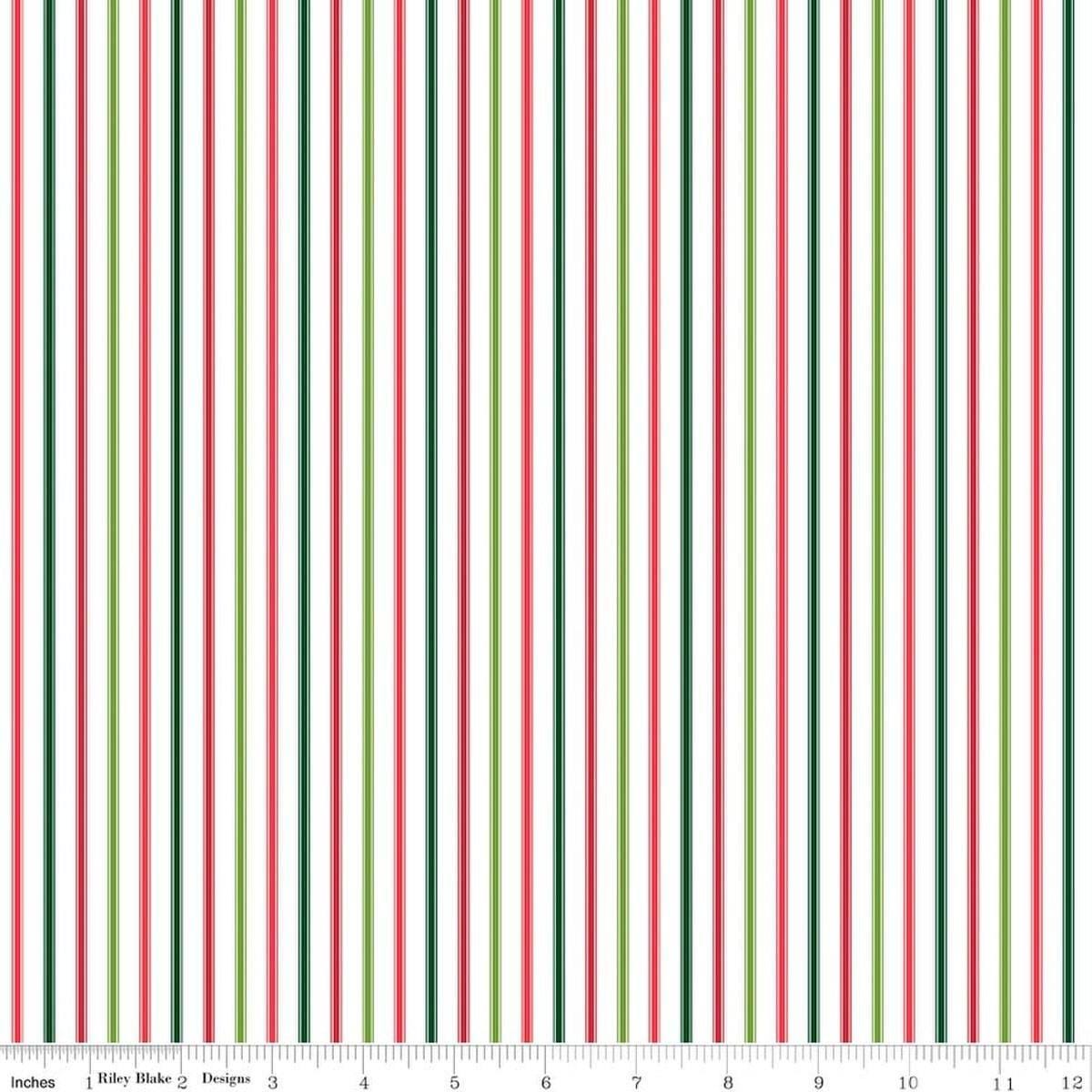 Image of Seasonal Basics Ticking Stripe Christmas quilting cotton fabric by Christopher Thompson for Riley Blake Designs. Features stripes on a red background. Cute Little Fabric Shop.