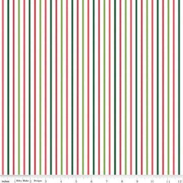 Image of Seasonal Basics Ticking Stripe Christmas quilting cotton fabric by Christopher Thompson for Riley Blake Designs. Features stripes on a red background. Cute Little Fabric Shop.