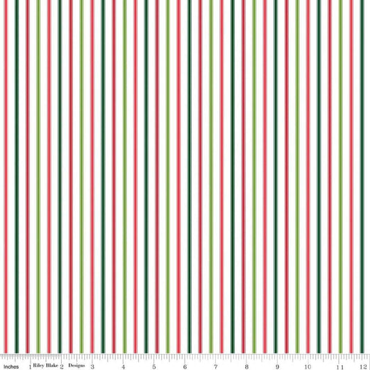 Image of Seasonal Basics Ticking Stripe Christmas quilting cotton fabric by Christopher Thompson for Riley Blake Designs. Features stripes on a red background. Cute Little Fabric Shop.