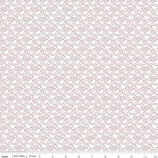 Image of Seasonal Basics Heart Outlines White quilting cotton fabric by Christopher Thompson for Riley Blake Designs. Features hearts on a white background. Cute Little Fabric Shop.