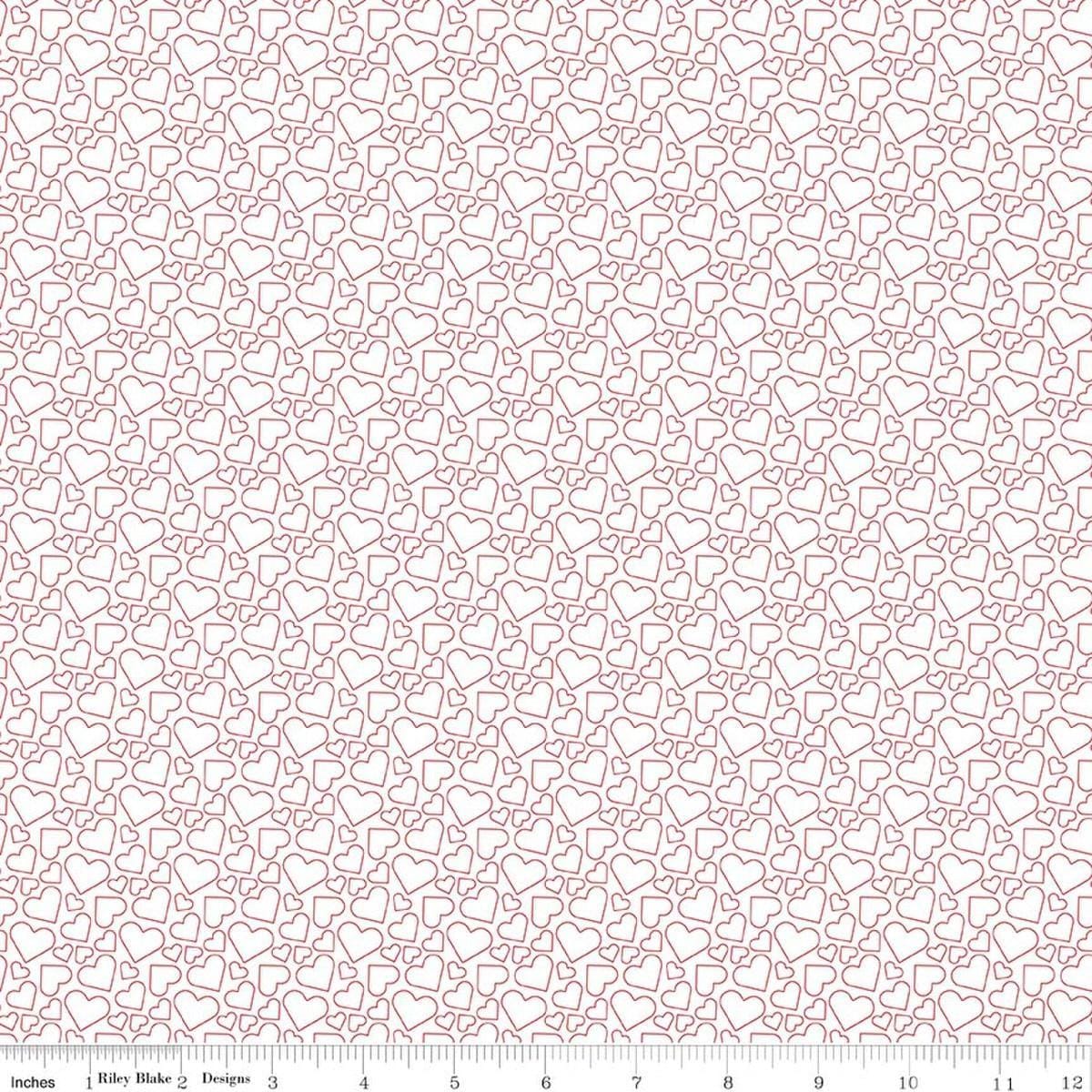 Image of Seasonal Basics Heart Outlines White quilting cotton fabric by Christopher Thompson for Riley Blake Designs. Features hearts on a white background. Cute Little Fabric Shop.