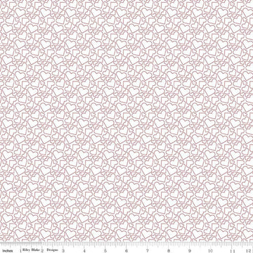 Image of Seasonal Basics Heart Outlines White quilting cotton fabric by Christopher Thompson for Riley Blake Designs. Features hearts on a white background. Cute Little Fabric Shop.