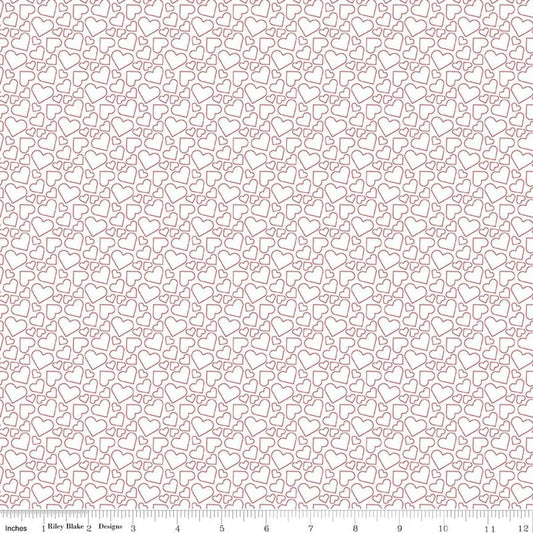 Image of Seasonal Basics Heart Outlines White quilting cotton fabric by Christopher Thompson for Riley Blake Designs. Features hearts on a white background. Cute Little Fabric Shop.