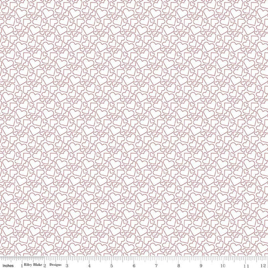 Image of Seasonal Basics Heart Outlines White quilting cotton fabric by Christopher Thompson for Riley Blake Designs. Features hearts on a white background. Cute Little Fabric Shop.