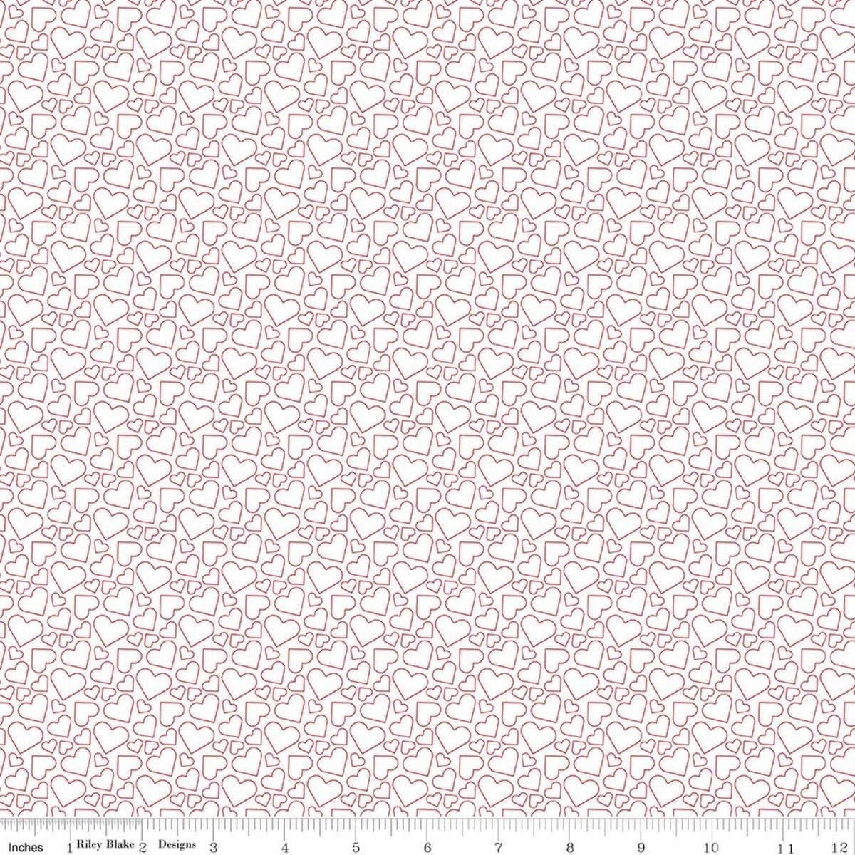 Image of Seasonal Basics Heart Outlines White quilting cotton fabric by Christopher Thompson for Riley Blake Designs. Features hearts on a white background. Cute Little Fabric Shop.