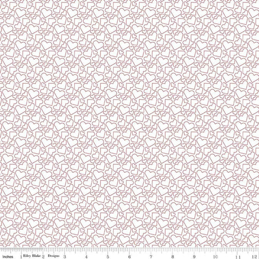 Image of Seasonal Basics Heart Outlines White quilting cotton fabric by Christopher Thompson for Riley Blake Designs. Features hearts on a white background. Cute Little Fabric Shop.