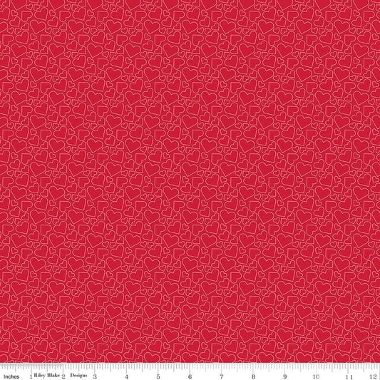 Image of Seasonal Basics Heart Outlines Red quilting cotton fabric by Christopher Thompson for Riley Blake Designs. Features hearts on a red background. Cute Little Fabric Shop.