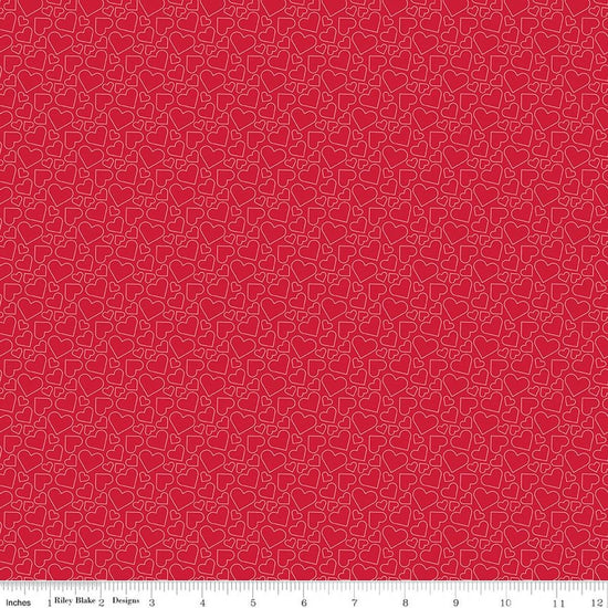 Image of Seasonal Basics Heart Outlines Red quilting cotton fabric by Christopher Thompson for Riley Blake Designs. Features hearts on a red background. Cute Little Fabric Shop.