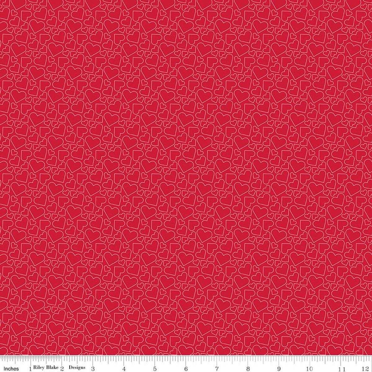 Image of Seasonal Basics Heart Outlines Red quilting cotton fabric by Christopher Thompson for Riley Blake Designs. Features hearts on a red background. Cute Little Fabric Shop.