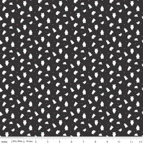 Image of Seasonal Basics Ghosts Black Glow in the Dark quilting cotton fabric by Christopher Thompson for Riley Blake Designs. Features ghosts on a black background. Cute Little Fabric Shop.