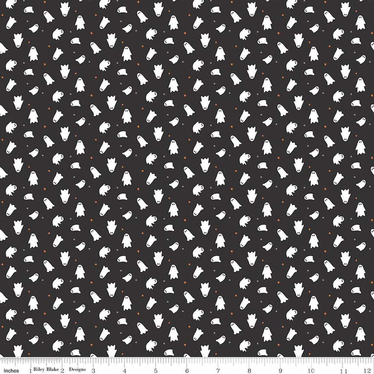 Image of Seasonal Basics Ghosts Black Glow in the Dark quilting cotton fabric by Christopher Thompson for Riley Blake Designs. Features ghosts on a black background. Cute Little Fabric Shop.
