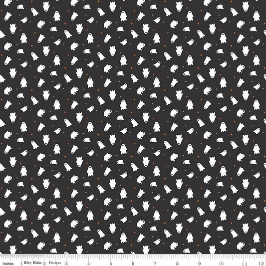 Image of Seasonal Basics Ghosts Black Glow in the Dark quilting cotton fabric by Christopher Thompson for Riley Blake Designs. Features ghosts on a black background. Cute Little Fabric Shop.
