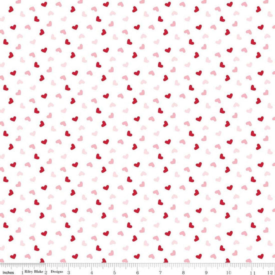 Image of Seasonal Basics Heart Toss White quilting cotton fabric by Christopher Thompson for Riley Blake Designs. Features hearts on a white background. Cute Little Fabric Shop.