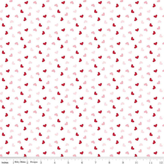 Image of Seasonal Basics Heart Toss White quilting cotton fabric by Christopher Thompson for Riley Blake Designs. Features hearts on a white background. Cute Little Fabric Shop.
