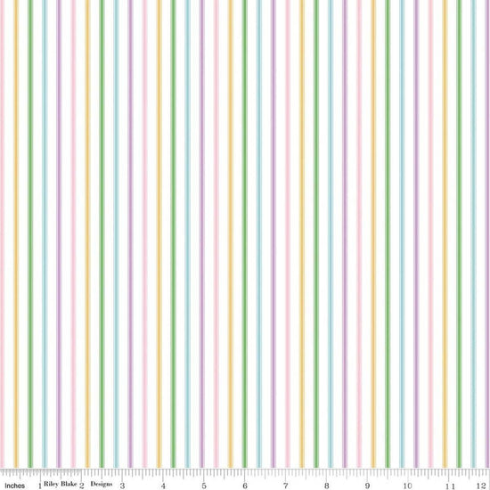 Image of Seasonal Basics Ticking Stripe Easter quilting cotton fabric by Christopher Thompson for Riley Blake Designs. Features stripes on a multicolored background. Cute Little Fabric Shop.