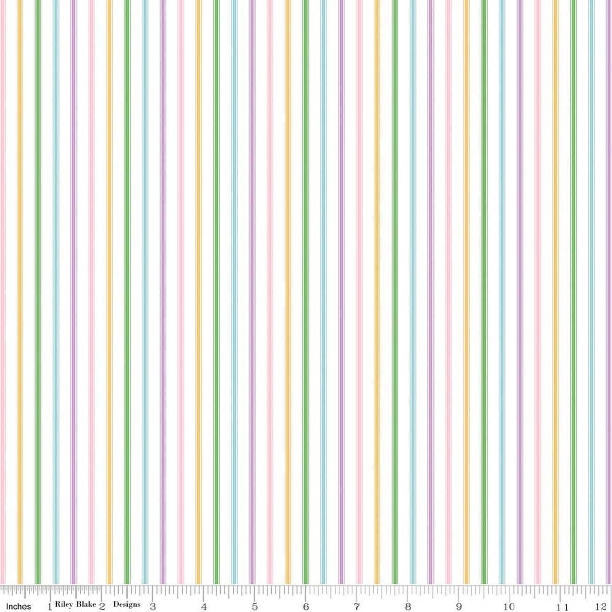 Image of Seasonal Basics Ticking Stripe Easter quilting cotton fabric by Christopher Thompson for Riley Blake Designs. Features stripes on a multicolored background. Cute Little Fabric Shop.