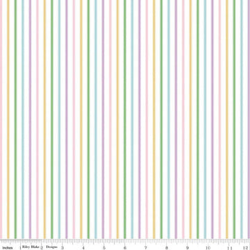 Image of Seasonal Basics Ticking Stripe Easter quilting cotton fabric by Christopher Thompson for Riley Blake Designs. Features stripes on a multicolored background. Cute Little Fabric Shop.