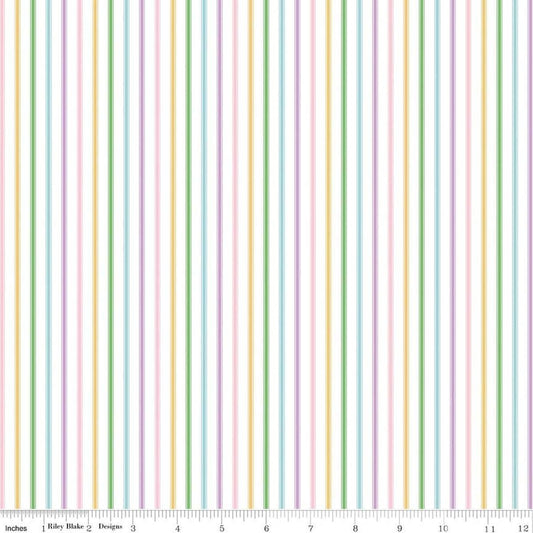 Image of Seasonal Basics Ticking Stripe Easter quilting cotton fabric by Christopher Thompson for Riley Blake Designs. Features stripes on a multicolored background. Cute Little Fabric Shop.