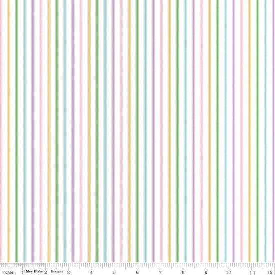 Image of Seasonal Basics Ticking Stripe Easter quilting cotton fabric by Christopher Thompson for Riley Blake Designs. Features stripes on a multicolored background. Cute Little Fabric Shop.