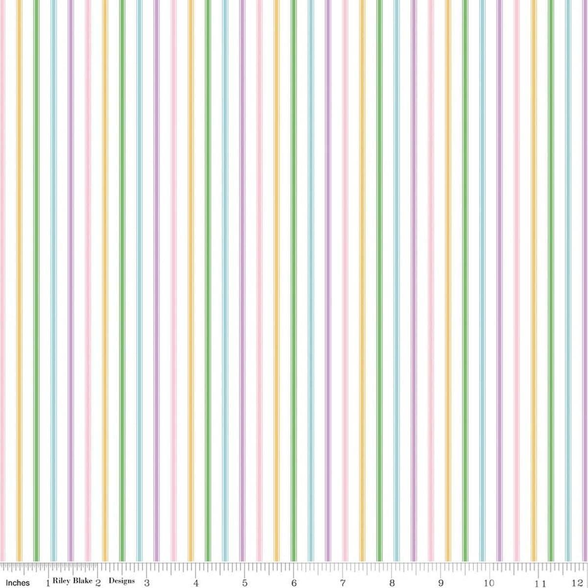Image of Seasonal Basics Ticking Stripe Easter quilting cotton fabric by Christopher Thompson for Riley Blake Designs. Features stripes on a multicolored background. Cute Little Fabric Shop.