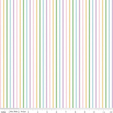 Image of Seasonal Basics Ticking Stripe Easter quilting cotton fabric by Christopher Thompson for Riley Blake Designs. Features stripes on a multicolored background. Cute Little Fabric Shop.