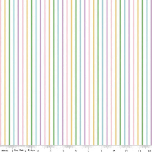 Image of Seasonal Basics Ticking Stripe Easter quilting cotton fabric by Christopher Thompson for Riley Blake Designs. Features stripes on a multicolored background. Cute Little Fabric Shop.